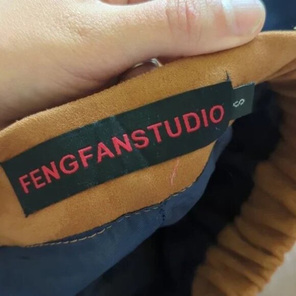 Suede asymmetrical colourblock camel/blue midi a-line skirt - Picture 7 of 7